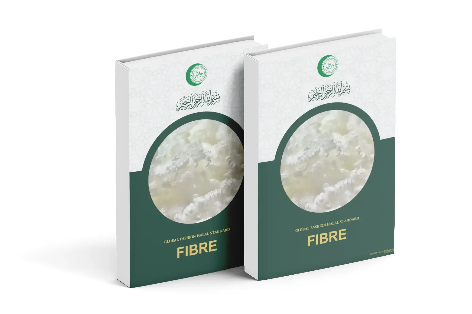 Global Fashion Halal Standard guidebook for fibre, featuring a modern green and white design with a focus on halal compliance in fibre materials.