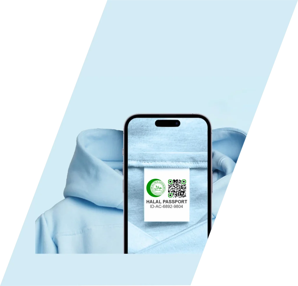 "Halal Passport traceability platform by Fashion Halal Initiative displayed on a smartphone, ensuring halal compliance for clothing products with QR code verification