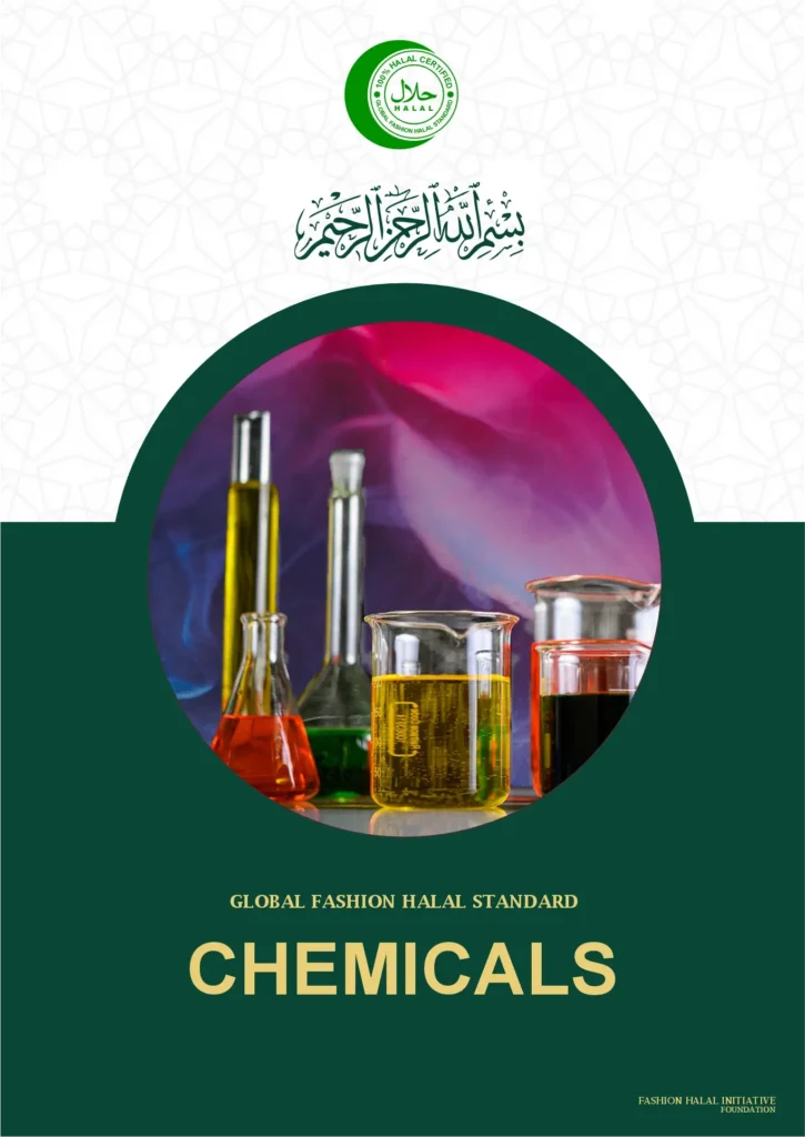 Global Fashion Halal Standard guidebook for chemicals, showcasing laboratory glassware with colorful liquids, emphasizing halal compliance in chemical manufacturing.